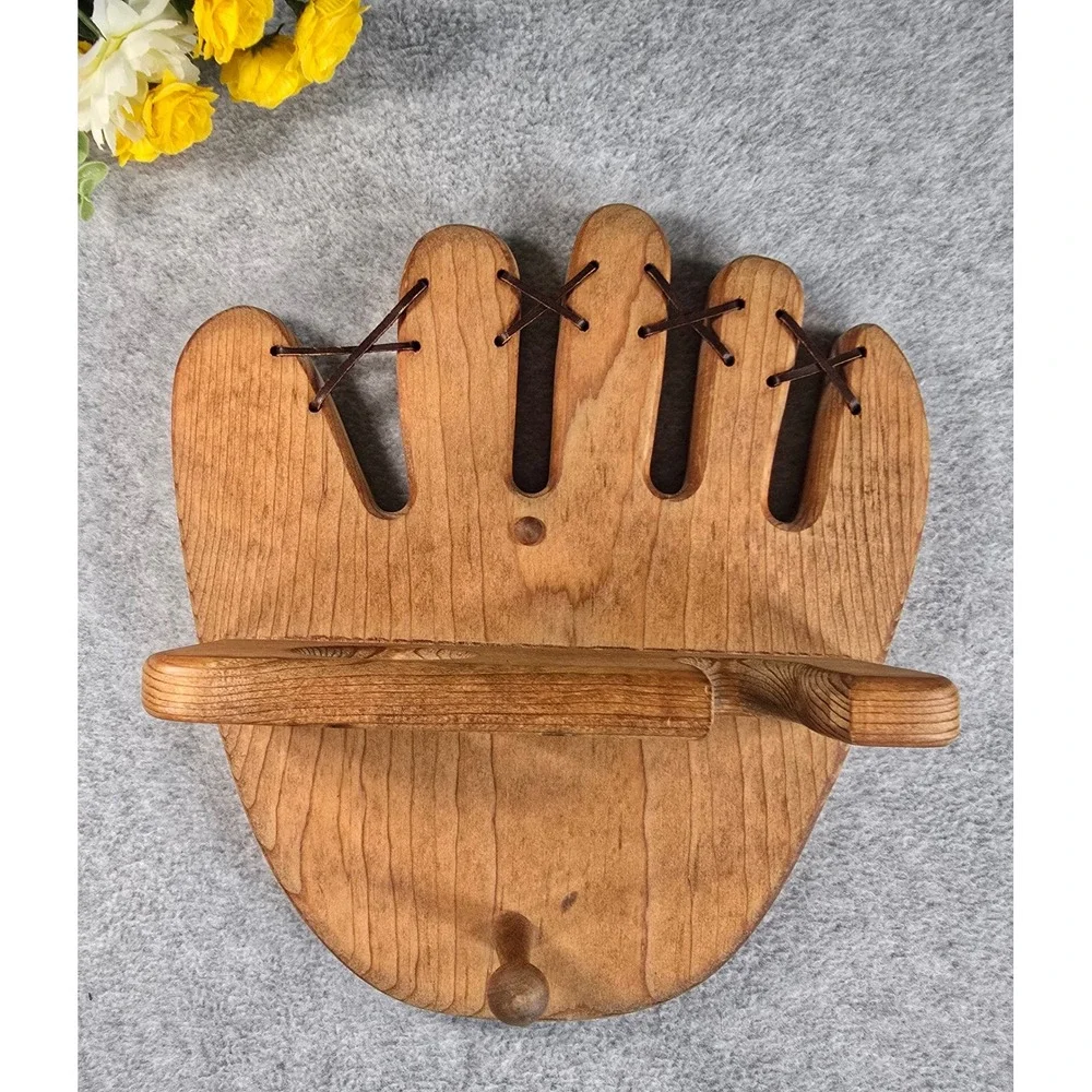 Y2K Wood Baseball Glove Wall Shelf Bat Mitt Holder Brown Sports Decor Rustic